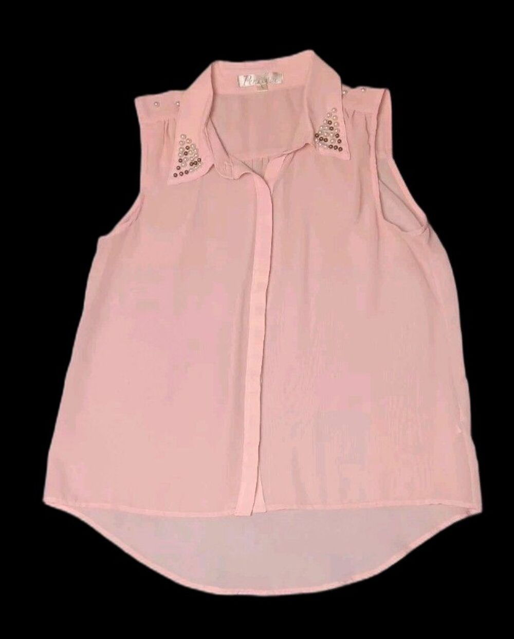 Penelope Sleeveless Sheer Mesh Blouse Womens Size Large Light Pink Beaded Button